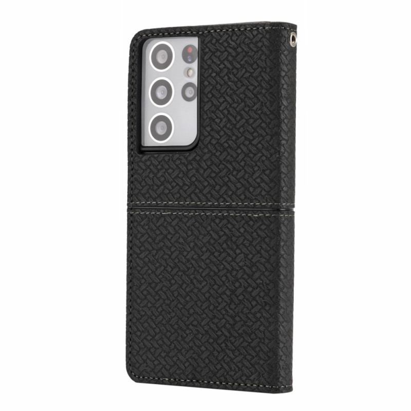 Capa Folio Para Samsung Galaxy S21 Ultra 5G De Cordão Estilo De Couro Trançado Com Tiras