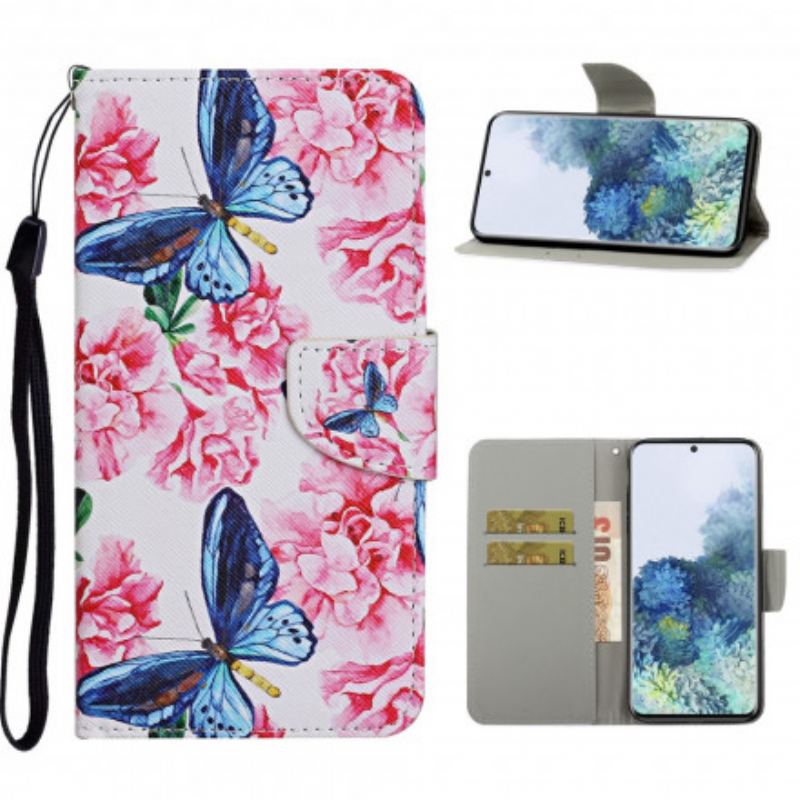 Capa Folio Para Samsung Galaxy S21 Ultra 5G Cordão Floral Borboletas