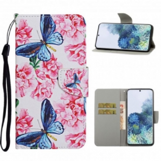 Capa Folio Para Samsung Galaxy S21 Ultra 5G Cordão Floral Borboletas