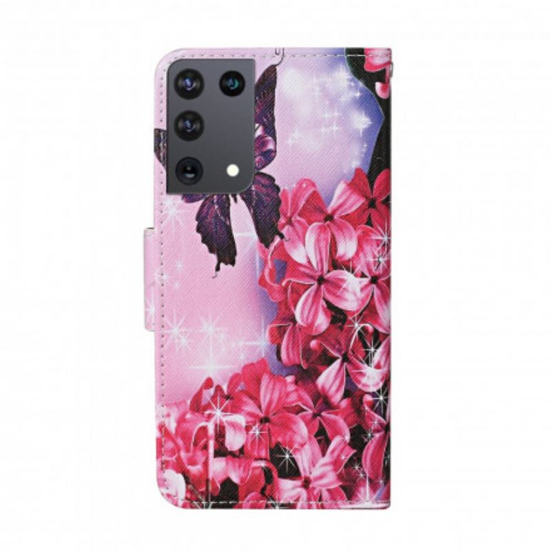 Capa Folio Para Samsung Galaxy S21 Ultra 5G Cordão Floral Borboletas