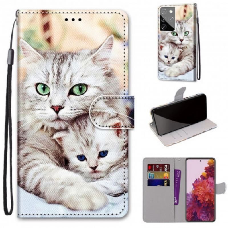 Capa Folio Para Samsung Galaxy S21 Ultra 5G Família De Gatos