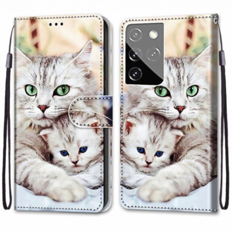 Capa Folio Para Samsung Galaxy S21 Ultra 5G Família De Gatos