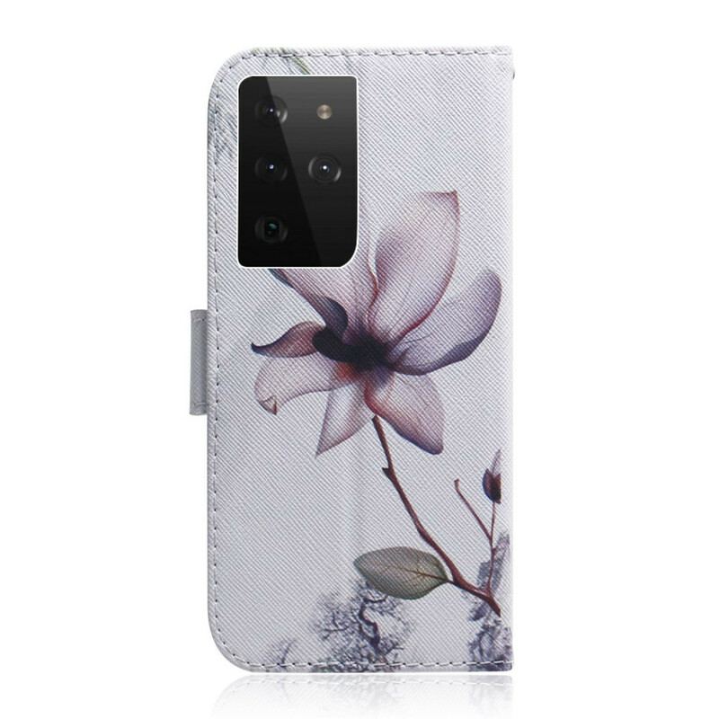 Capa Folio Para Samsung Galaxy S21 Ultra 5G Flor Rosa Empoeirado