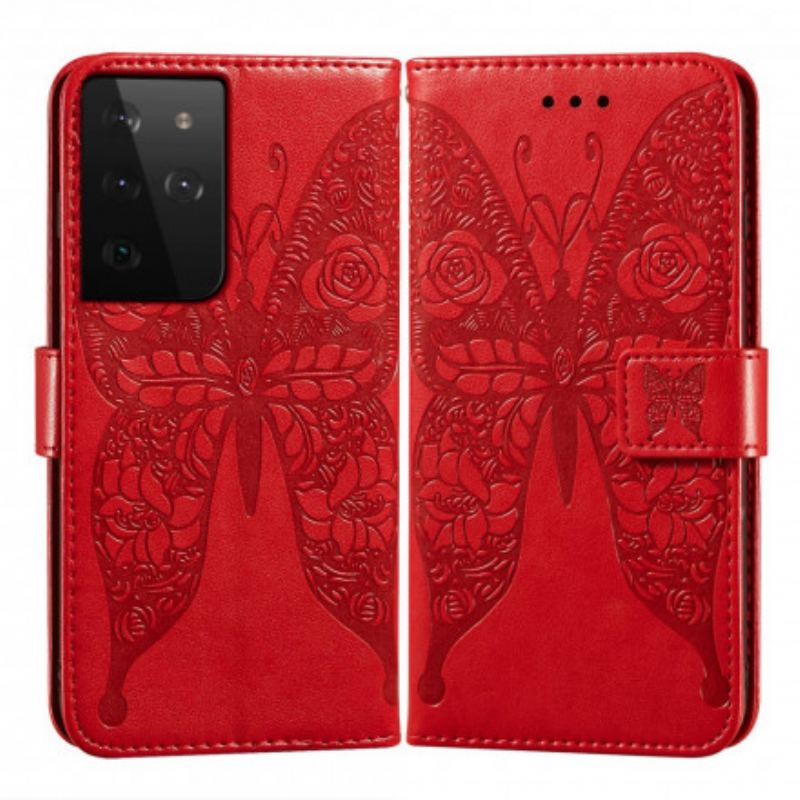 Capa Folio Para Samsung Galaxy S21 Ultra 5G Padrão De Flor De Borboletas