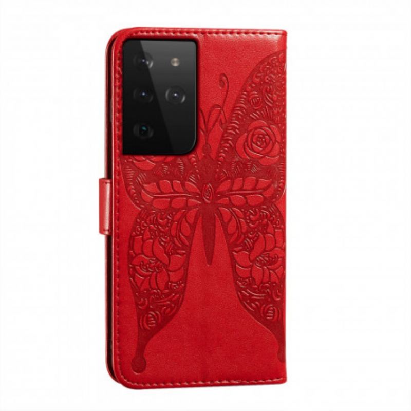 Capa Folio Para Samsung Galaxy S21 Ultra 5G Padrão De Flor De Borboletas