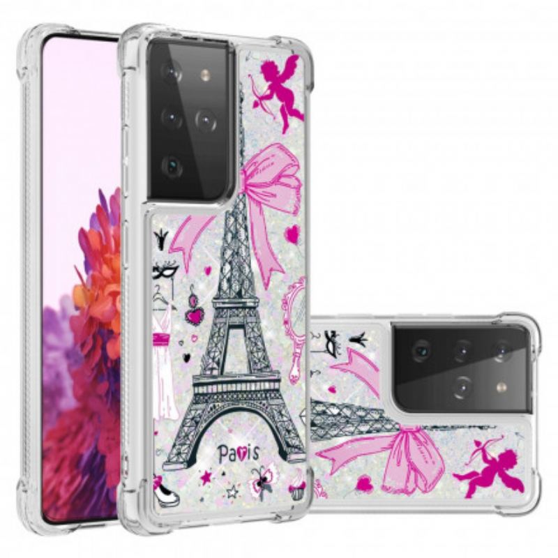 Capa Para Samsung Galaxy S21 Ultra 5G As Lantejoulas Da Torre Eiffel