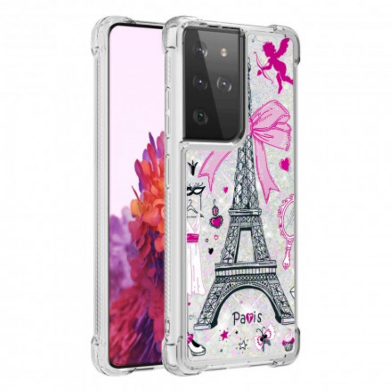 Capa Para Samsung Galaxy S21 Ultra 5G As Lantejoulas Da Torre Eiffel