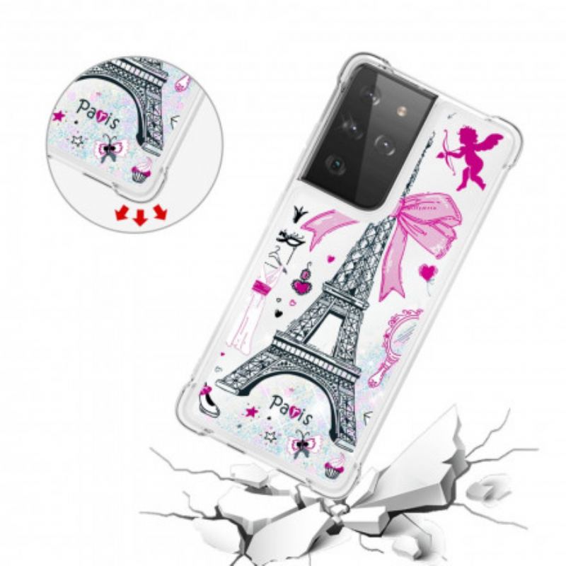 Capa Para Samsung Galaxy S21 Ultra 5G As Lantejoulas Da Torre Eiffel