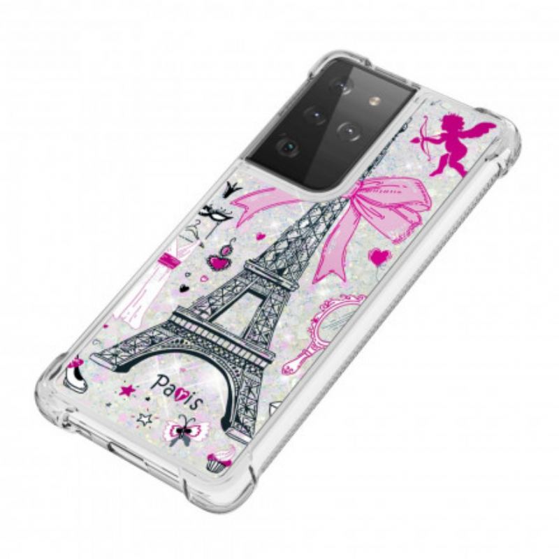 Capa Para Samsung Galaxy S21 Ultra 5G As Lantejoulas Da Torre Eiffel