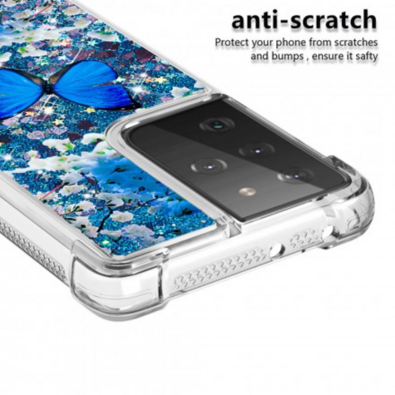 Capa Para Samsung Galaxy S21 Ultra 5G Borboletas Azuis Brilhantes