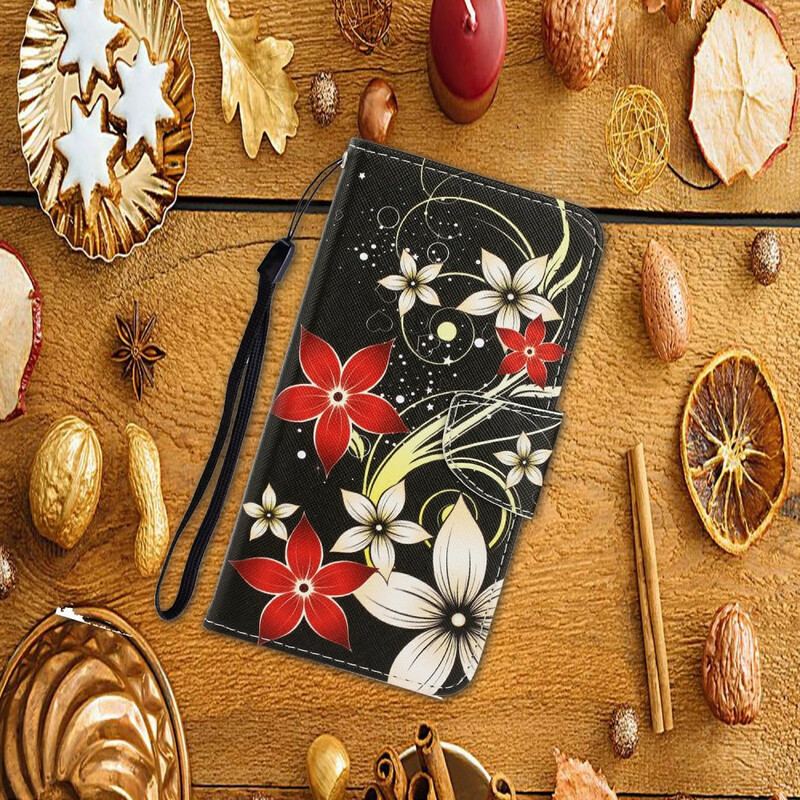 Capa Flip Para Xiaomi Redmi Note 9S / 9 Pro De Cordão Flores Coloridas Com Tiras