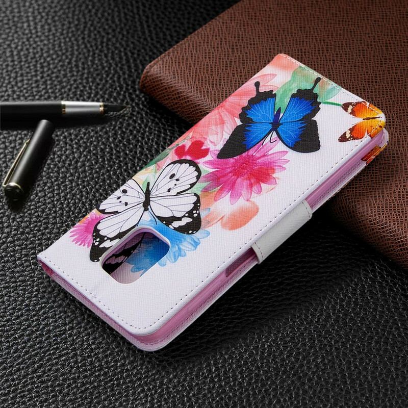 Capa Folio Para Xiaomi Redmi Note 9S / 9 Pro Borboletas E Flores Pintadas