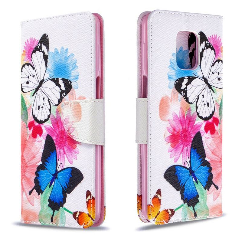 Capa Folio Para Xiaomi Redmi Note 9S / 9 Pro Borboletas E Flores Pintadas