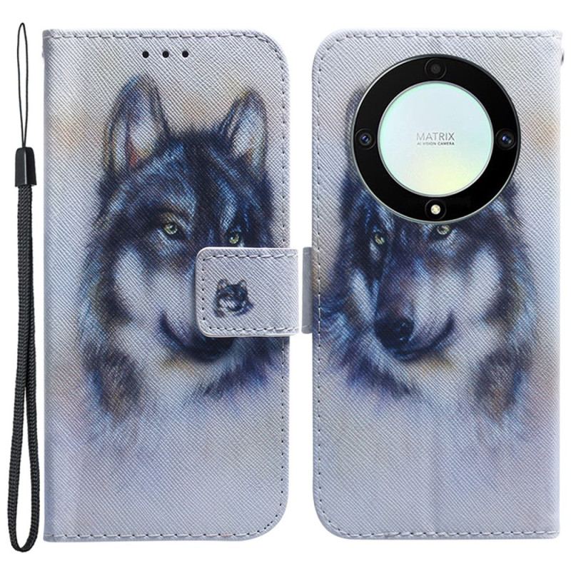 Capa De Couro Para Honor Magic 5 Lite De Cordão Cachorro Strappy Aquarela