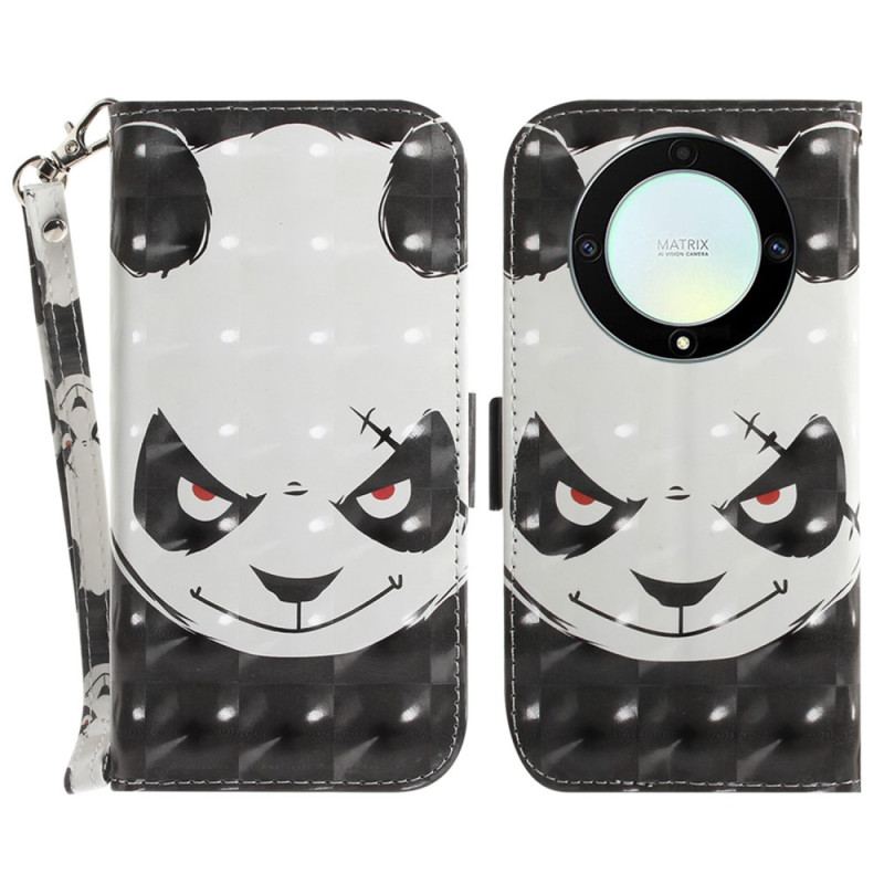 Capa De Couro Para Honor Magic 5 Lite De Cordão Panda Irritado Com Cordão