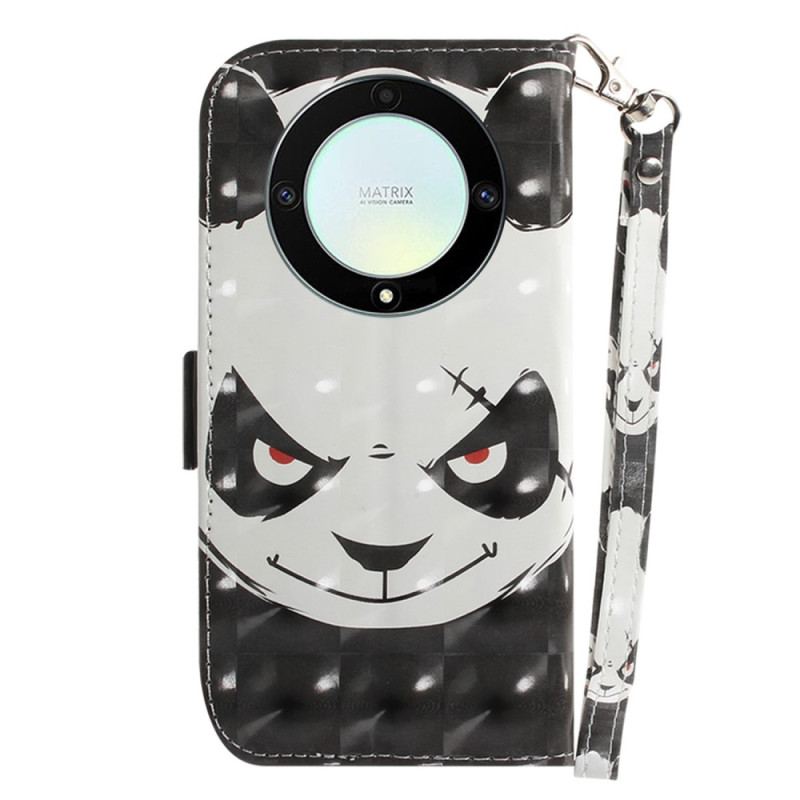 Capa De Couro Para Honor Magic 5 Lite De Cordão Panda Irritado Com Cordão