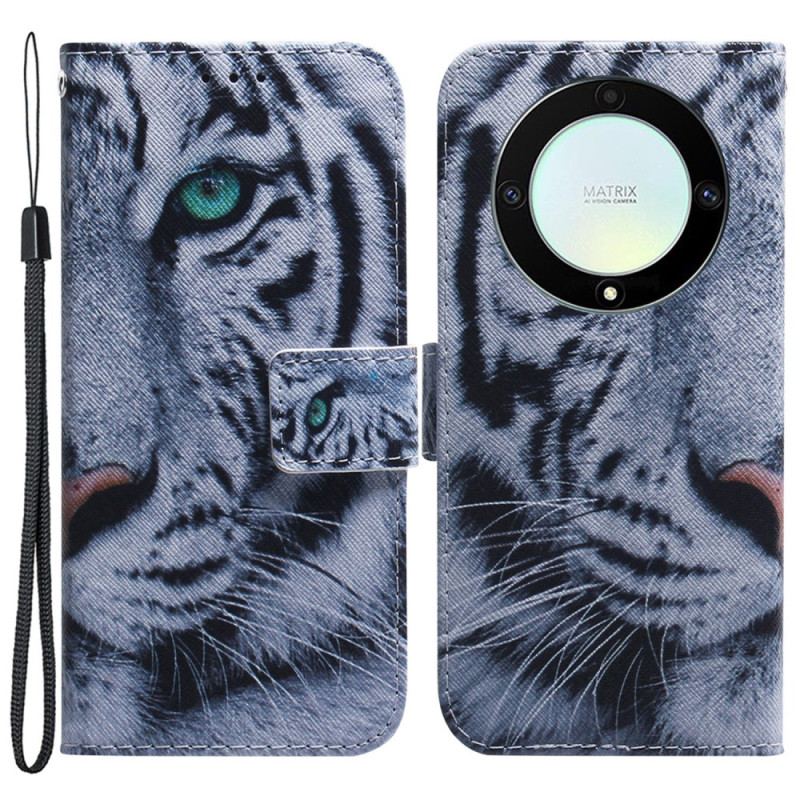 Capa Folio Para Honor Magic 5 Lite De Cordão Tira Tigre Branco