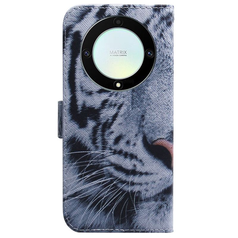 Capa Folio Para Honor Magic 5 Lite De Cordão Tira Tigre Branco