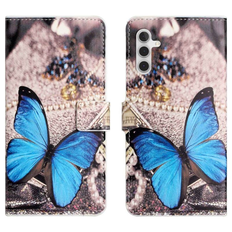 Capa De Couro Para Samsung Galaxy A14 / A14 5G Borboleta Azul