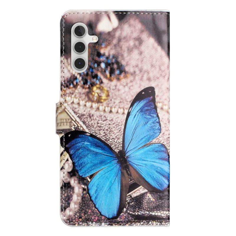 Capa De Couro Para Samsung Galaxy A14 / A14 5G Borboleta Azul