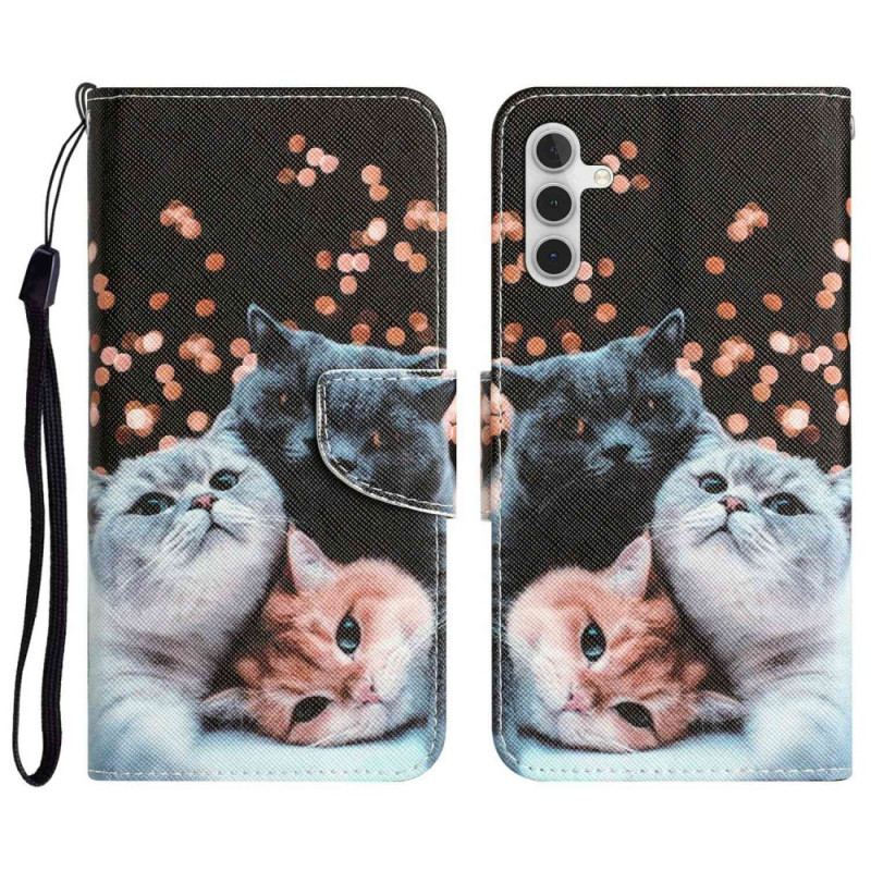 Capa De Couro Para Samsung Galaxy A14 / A14 5G De Cordão Apenas Gatos Tangas