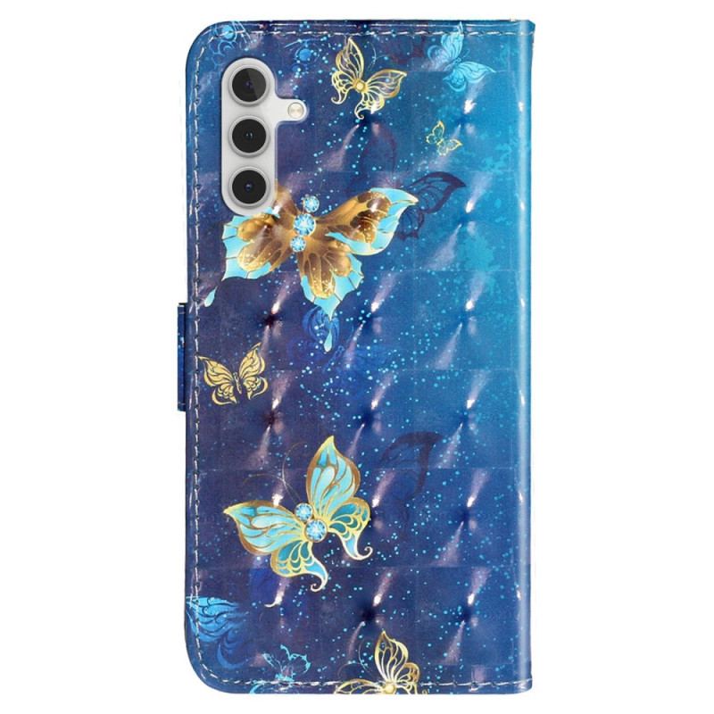 Capa De Couro Para Samsung Galaxy A14 / A14 5G De Cordão Borboletas Douradas Com Alça