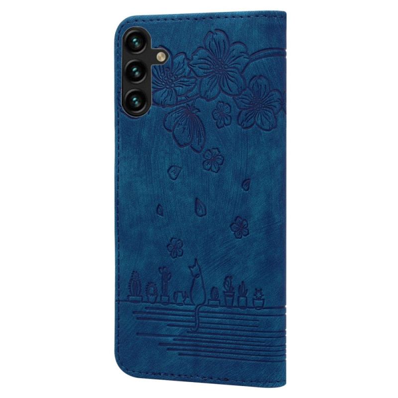 Capa De Couro Para Samsung Galaxy A14 / A14 5G De Cordão Fio Dental Floral Gato