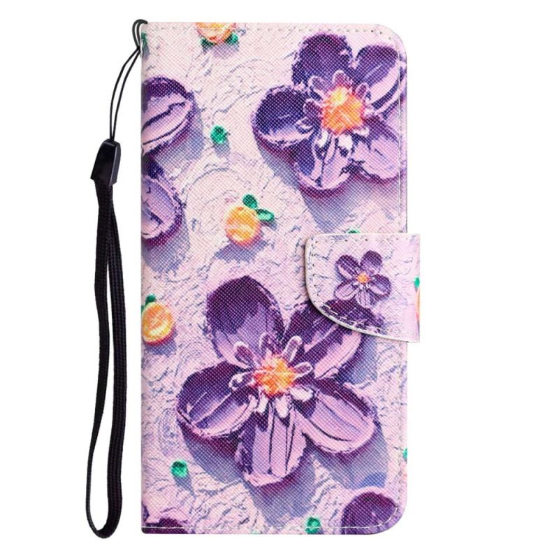 Capa De Couro Para Samsung Galaxy A14 / A14 5G De Cordão Flores De Alça