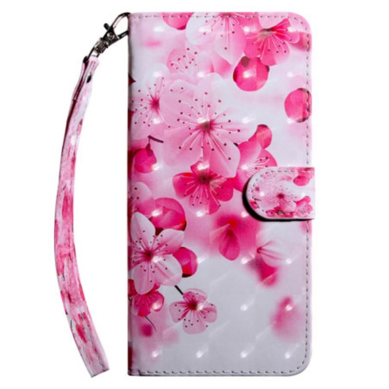 Capa De Couro Para Samsung Galaxy A14 / A14 5G De Cordão Flores Cor-de-rosa Com Tiras