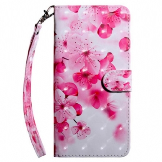 Capa De Couro Para Samsung Galaxy A14 / A14 5G De Cordão Flores Cor-de-rosa Com Tiras