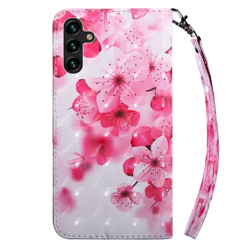 Capa De Couro Para Samsung Galaxy A14 / A14 5G De Cordão Flores Cor-de-rosa Com Tiras