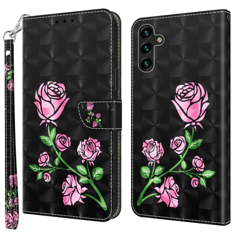 Capa De Couro Para Samsung Galaxy A14 / A14 5G De Cordão Rosas De Alça