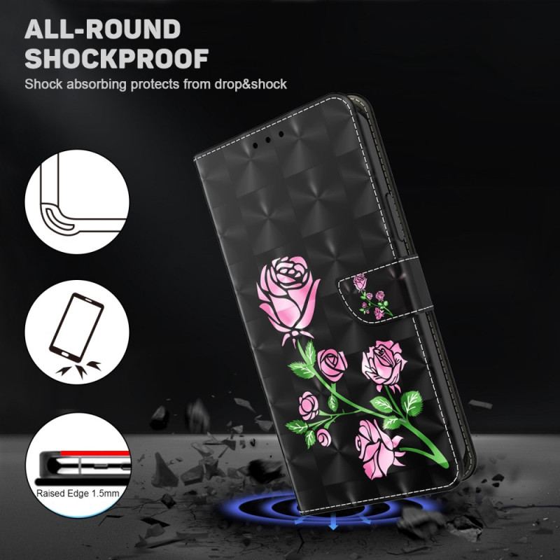 Capa De Couro Para Samsung Galaxy A14 / A14 5G De Cordão Rosas De Alça