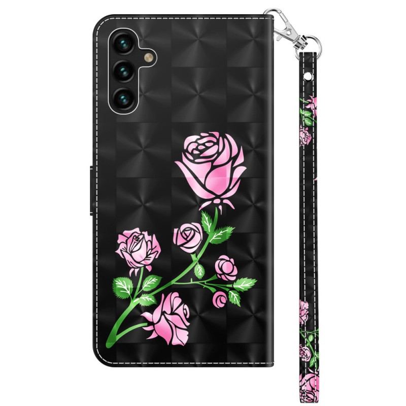 Capa De Couro Para Samsung Galaxy A14 / A14 5G De Cordão Rosas De Alça