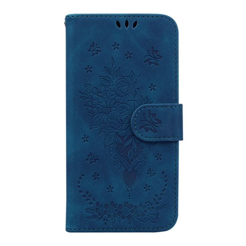 Capa De Couro Para Samsung Galaxy A14 / A14 5G De Cordão Strappy Rosas E Borboletas