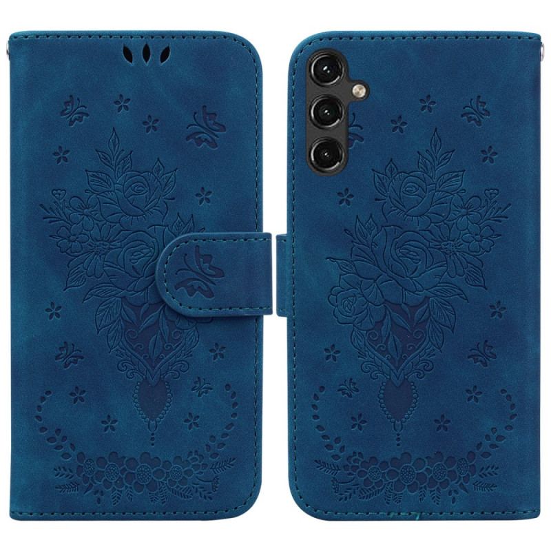 Capa De Couro Para Samsung Galaxy A14 / A14 5G De Cordão Strappy Rosas E Borboletas