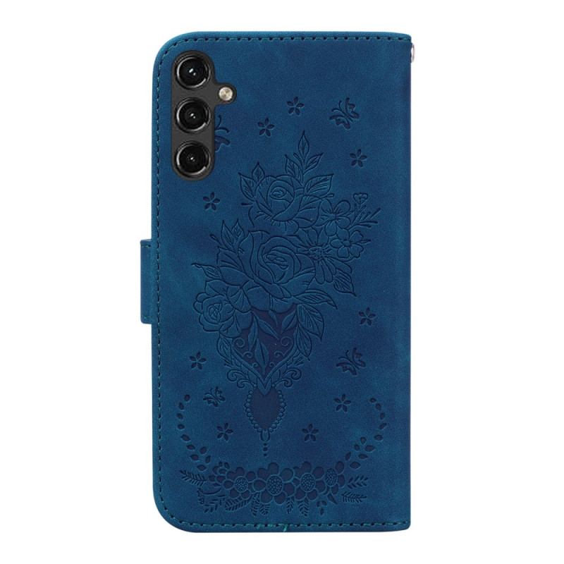 Capa De Couro Para Samsung Galaxy A14 / A14 5G De Cordão Strappy Rosas E Borboletas