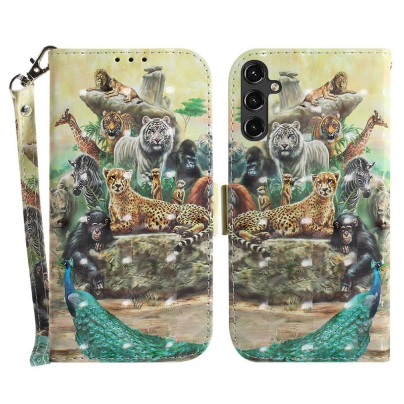 Capa Flip Para Samsung Galaxy A14 / A14 5G De Cordão Animais De Safári Tanga