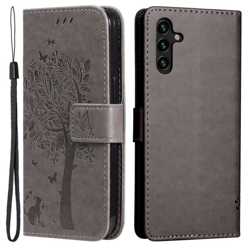 Capa Flip Para Samsung Galaxy A14 / A14 5G De Cordão Árvore E Gato Strappy