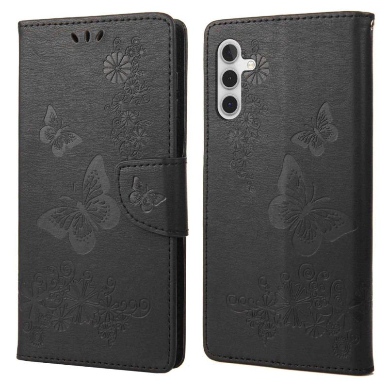 Capa Flip Para Samsung Galaxy A14 / A14 5G De Cordão Borboletas Esplêndidas