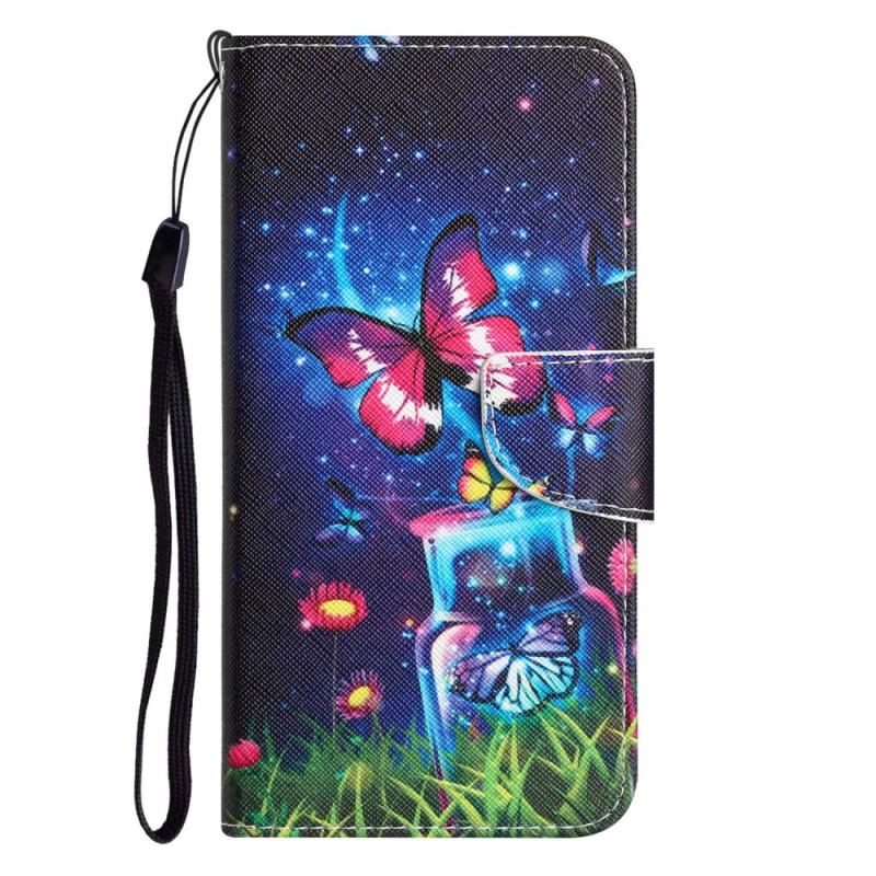 Capa Flip Para Samsung Galaxy A14 / A14 5G De Cordão Borboletas De Fada Com Cordão