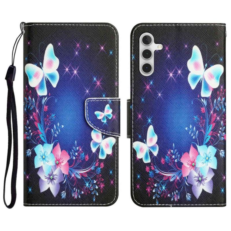 Capa Flip Para Samsung Galaxy A14 / A14 5G De Cordão Borboletas De Fada Com Cordão