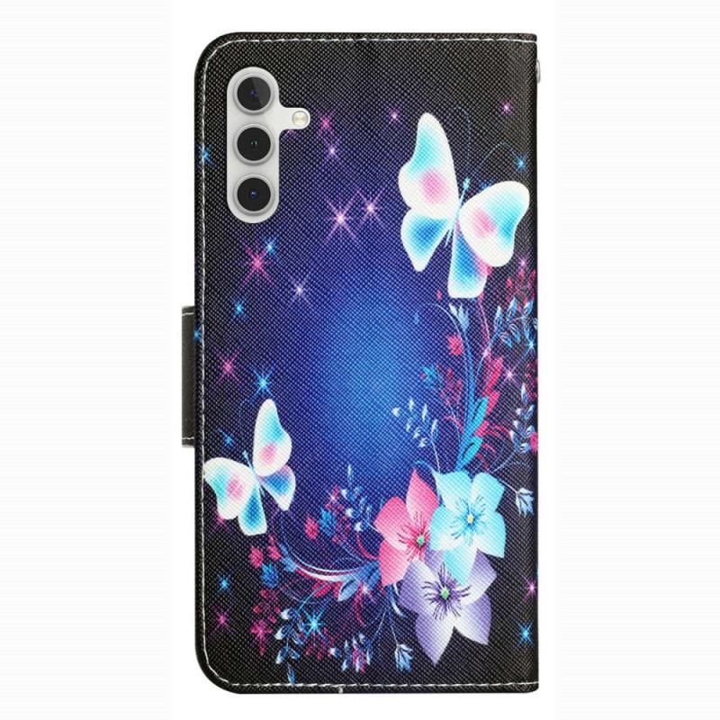 Capa Flip Para Samsung Galaxy A14 / A14 5G De Cordão Borboletas De Fada Com Cordão