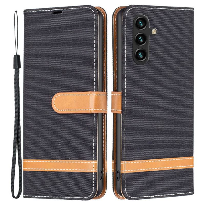 Capa Flip Para Samsung Galaxy A14 / A14 5G De Cordão Correia Efeito Tecido E Couro