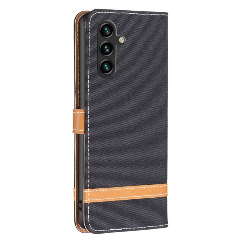 Capa Flip Para Samsung Galaxy A14 / A14 5G De Cordão Correia Efeito Tecido E Couro