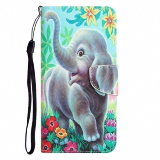 Capa Flip Para Samsung Galaxy A14 / A14 5G De Cordão Elefante Alegre Com Cordão