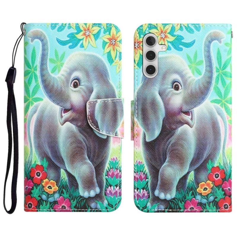 Capa Flip Para Samsung Galaxy A14 / A14 5G De Cordão Elefante Alegre Com Cordão