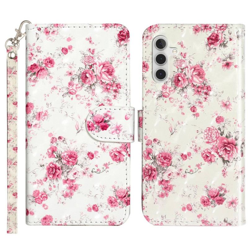 Capa Flip Para Samsung Galaxy A14 / A14 5G De Cordão Flores Da Liberdade Da Correia