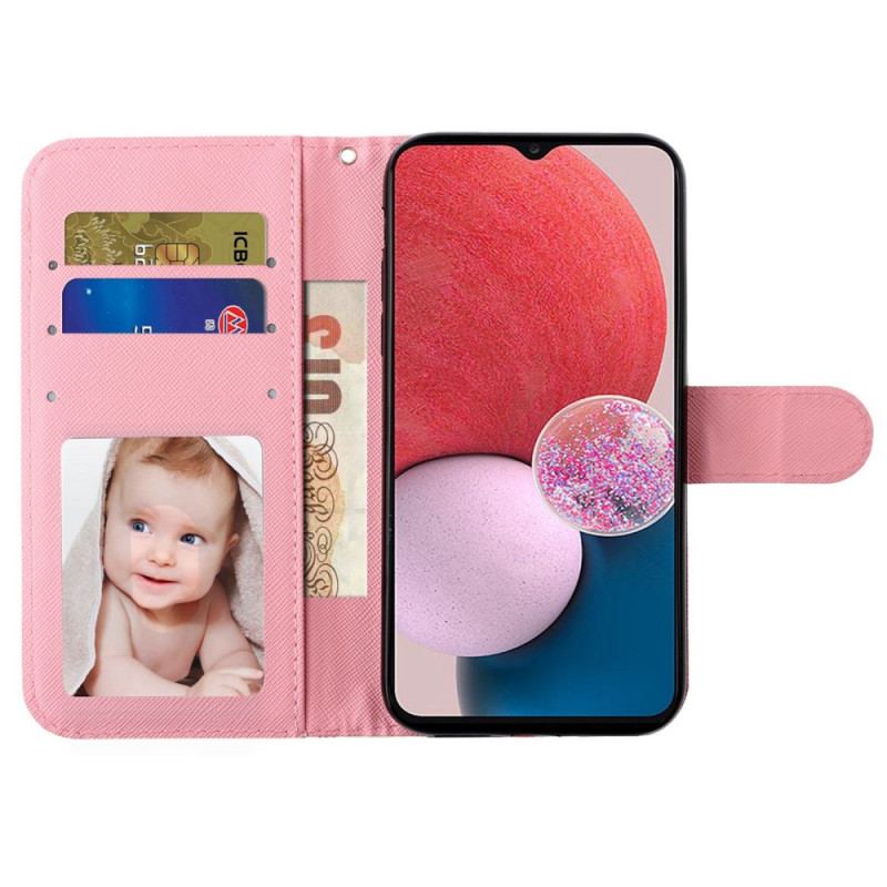 Capa Flip Para Samsung Galaxy A14 / A14 5G De Cordão Flores Da Liberdade Da Correia