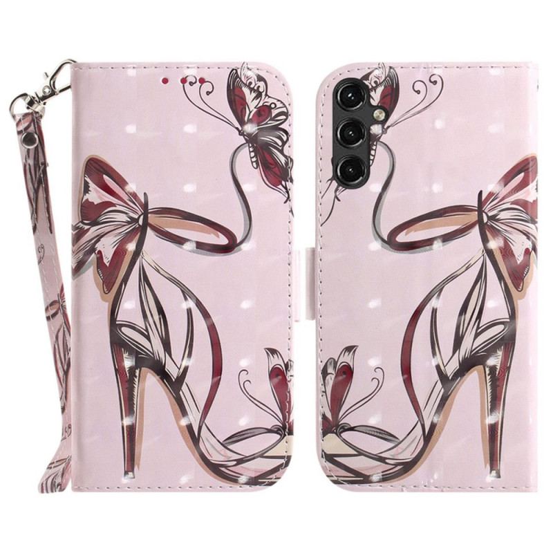 Capa Flip Para Samsung Galaxy A14 / A14 5G De Cordão Ramo Florido Com Alça